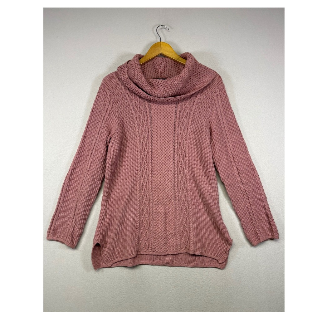 Cottagecore Jeanneโ Pierre Women L Pink Cowl Neck Cable Knit Cotton Sweater